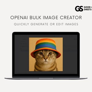 May include: A laptop displays an image of a cat wearing a rainbow-striped hat. The cat has brown and tan fur and large, round eyes. The screen also displays the text "OPENAI BULK IMAGE CREATOR" and "QUICKLY GENERATE OR EDIT IMAGES". The Good in the Sheets logo is in the top right corner.