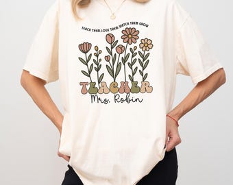 Personalized Teacher Shirt, Custom Name Teacher Floral Tee, Cute School Staff Gift Shirt, Retro Teaching Shirt With Flowers, S344