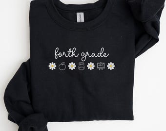Sudadera con estampado floral para maestra de cuarto grado, sudadera bonita para la vuelta al cole, cuello redondo retro para maestra, regalo de margaritas para maestra, U510
