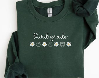 Sudadera con estampado floral para maestra de tercer grado, cuello redondo retro, sudadera para la vuelta al cole, regalo de margaritas para maestra, U508