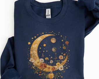 Sweat-shirt bohème lune, col rond floral céleste, pull soleil et lune, sweat-shirt phase lunaire, cadeau esthétique sorcière, sweat à capuche mystique, U456