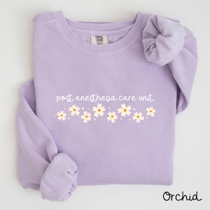 May include: A lavender sweatshirt with the text "post anaesthesia care unit" and a row of white daisies with yellow centres. The sweatshirt has a scrunchie on the sleeve.