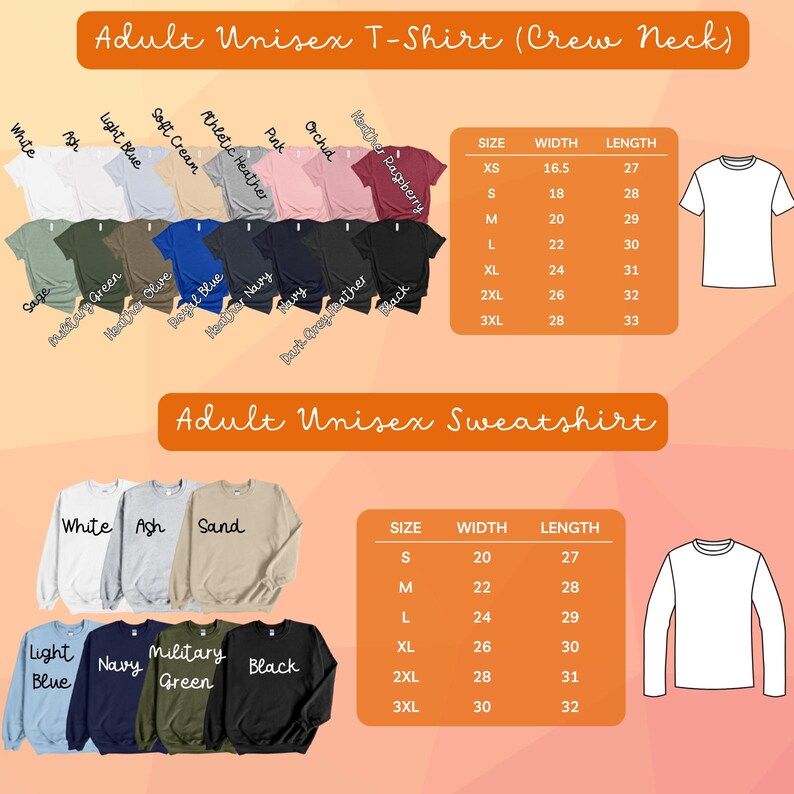 May include: A product image showcasing a variety of unisex t-shirts and sweatshirts in various colors, including white, black, and blue. The image also includes a size chart with measurements in inches.