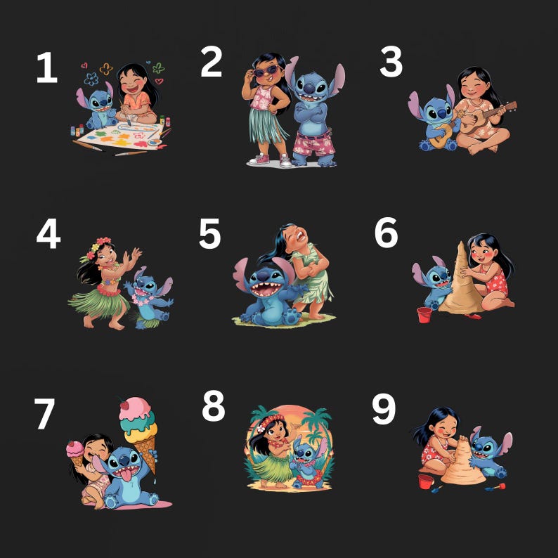 May include: A collection of nine colorful illustrations featuring Lilo & Stitch. The images depict Lilo and Stitch in various scenes, including painting, playing music, dancing, building sandcastles, and enjoying ice cream. The background is solid black.
