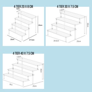 May include: Clear acrylic 4-tier display stands. The image shows three different sizes: 20cm x 8cm, 30cm x 7.5cm, and 40cm x 7.5cm. Each stand is 20cm tall. Ideal for showcasing collectibles or merchandise.