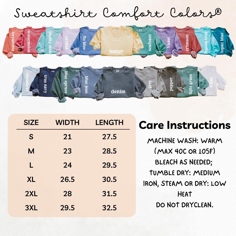 Pode incluir: Uma tabela de tamanhos para sweatshirts com medidas em polegadas para largura e comprimento. A tabela inclui os tamanhos S, M, L, XL, 2XL e 3XL. A tabela tamb&eacute;m inclui instru&ccedil;&otilde;es de cuidados para as sweatshirts, que incluem lavagem &agrave; m&aacute;quina, branqueamento, secagem na m&aacute;quina, engomar e limpeza a seco.