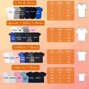 May include: A variety of t-shirts in different colors, including white, black, and blue, are displayed. The image includes size charts for V-neck, youth/kids, toddler, and infant t-shirts, with measurements in inches.