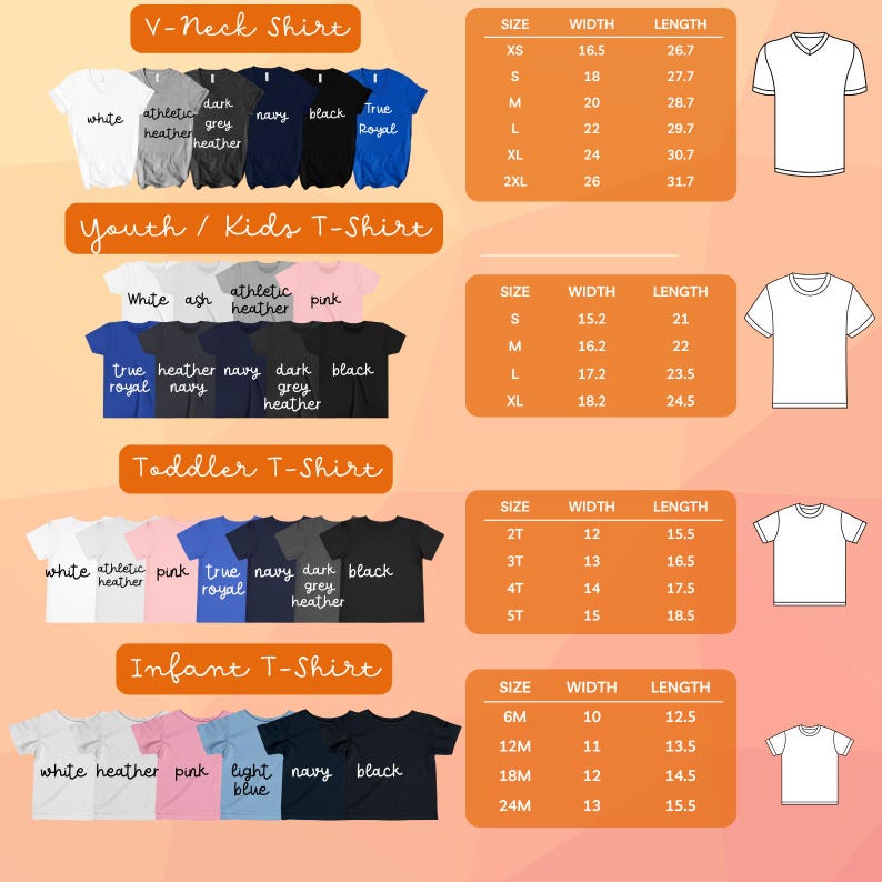 May include: A variety of t-shirts in different colors, including white, black, and blue, are displayed. The image includes size charts for V-neck, youth/kids, toddler, and infant t-shirts, with measurements in inches.