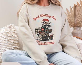 Just Waiting for Christmas Raccoon Sweatshirt, Cute Animal Holiday Crewneck, Cozy Christmas Festive Sweater, Winter Gift Pullover Top, C721