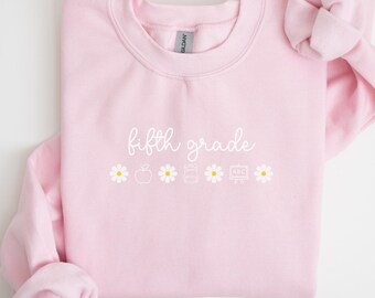 Sudadera para maestra de quinto grado, camiseta floral, cuello redondo retro, sudadera para la vuelta al cole, regalo de margaritas, U509