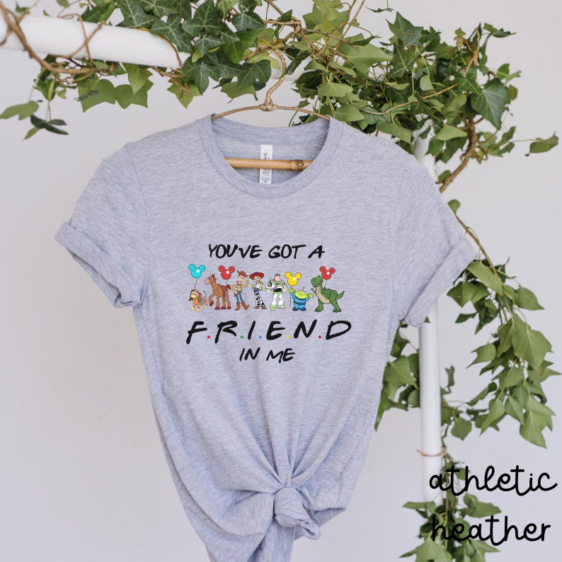 May include: A gray t-shirt with a graphic of the Toy Story characters and the text "You've got a friend in me".
