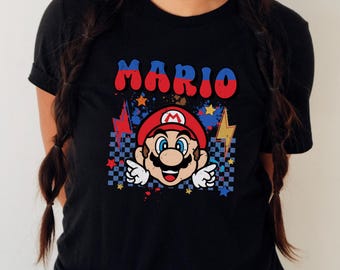 Camiseta infantil de Super Mario, diseño retro de videojuegos, colorida camiseta de Mario Nintendo para fans de los videojuegos y regalos de cumpleaños, D007