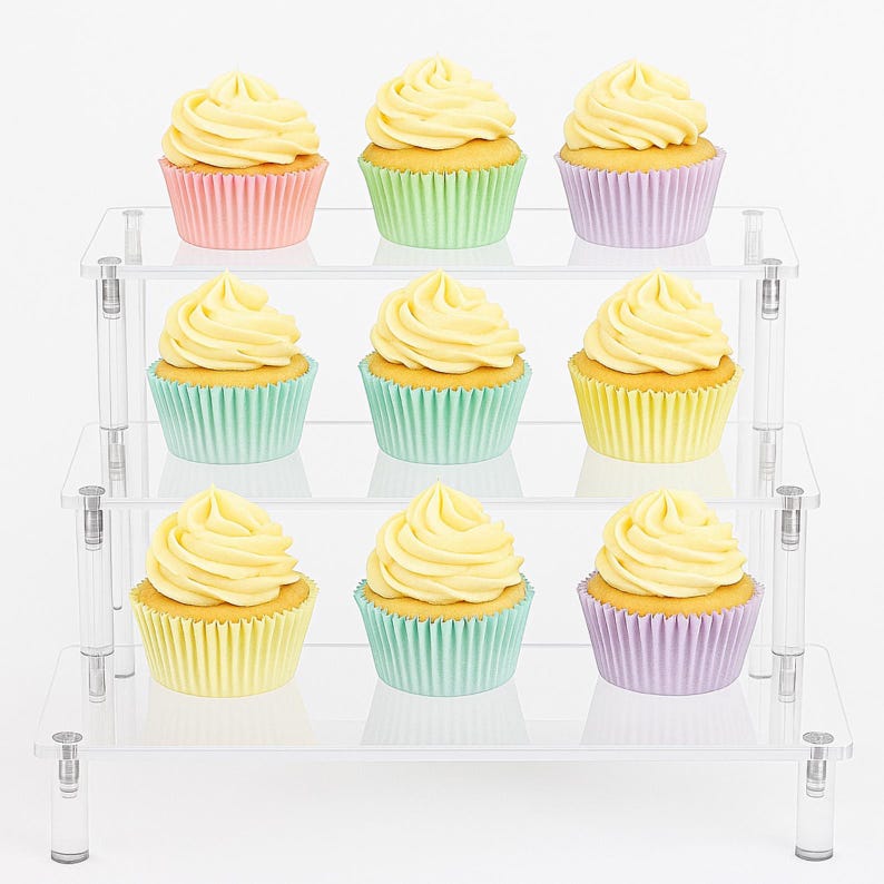May include: Nine cupcakes with yellow frosting in pastel-colored paper cups are arranged on a clear, three-tiered display stand. The cupcakes are in pink, green, yellow, and purple cups, creating a colorful presentation.