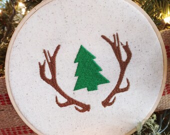 Antlers / Christmas Tree / 6 inch hoop embroidery art