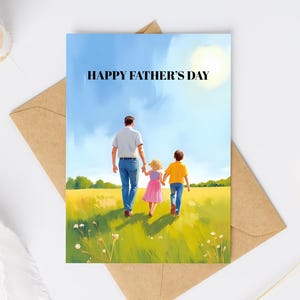 Cartão de felicitações para impressão do Dia dos Pais com pai e filhos caminhando na natureza - Cartão de Dia dos Pais, Cartão de Dia dos Pais para impressão - Feliz Dia dos Pais