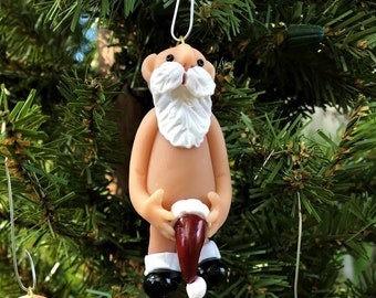 Naughty Santa, Christmas Ornament, Stocking Cap, Santa Ornament, Naked Santa, Package Ornament, Tree Ornament, white elephant, Santa,