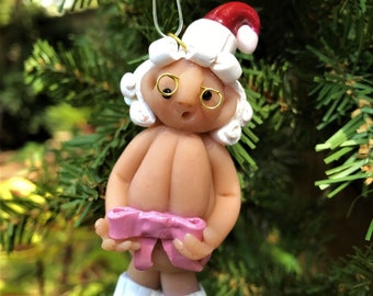 SOLD OUT - Please do not order - Naughty Mrs Santa Claus, Breast Cancer, Awareness, Christmas Ornament, Santa Ornament, Pink, Naked Santa