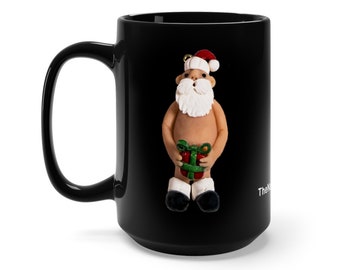 Naughty, Santa, with Package, Mug, 15 oz, Santa Coffee Cup, Christmas coffee cup, Dick in the box, Saturday night live, Naked Santa, secret