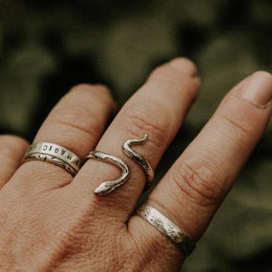 Könnte beinhalten: Eine Hand mit drei silbernen Ringen. Ein Ring ist ein Band mit dem eingravierten Wort "MAGIC". Ein weiterer Ring ist ein Schlangendesign. Der dritte Ring ist ein schlichtes Band. Der Hintergrund ist ein verschwommenes Grün.