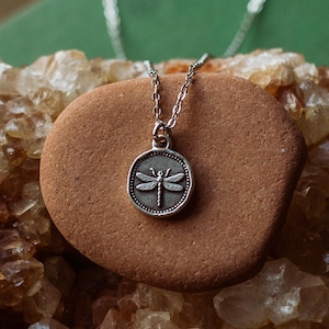 May include: A silver necklace featuring a circular pendant with a dragonfly design. The pendant hangs on a silver chain and rests on a brown stone. The background includes crystals and a green surface.
