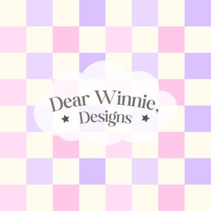 May include: A pastel-coloured chequered background in pink, lilac, and cream. A white cloud shape contains the text "Dear Winnie, Designs" in a stylized font, with small star accents.