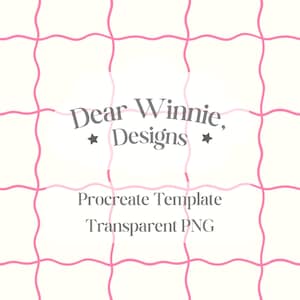 Może przedstawiać: Cyfrowy projekt z jasnoróżowym wzorem kratki na kremowym tle. Tekst "Dear Winnie, Designs" jest wyśrodkowany, z "Procreate Template" i "Transparent PNG" poniżej.