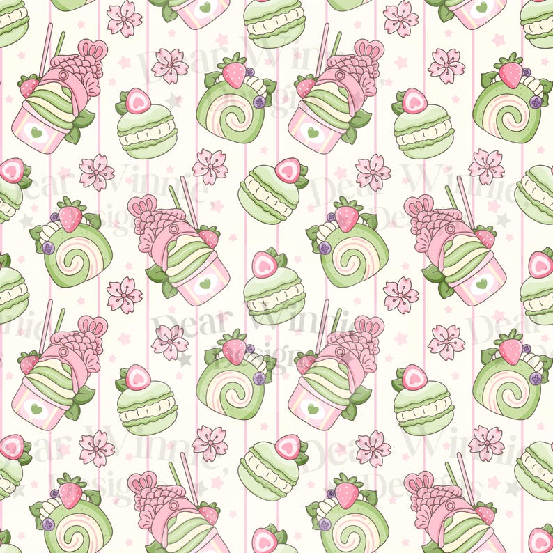 Starry Matcha Sweet Treats Seamless Pinstripe Surface Pattern - Digital ...