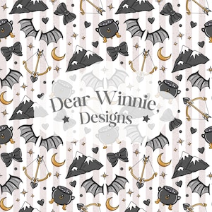 May include: A repeating pattern featuring a variety of whimsical illustrations. The design includes black cauldrons, bat wings, bows, mountains, bows and arrows, moons, hearts, and stars. The text "Dear Winnie Designs" is also present.