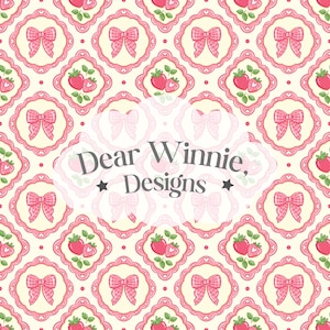 May include: A repeating pattern featuring pink bows and strawberries on a cream background. Each element is framed within a scalloped border. The text "Dear Winnie, Designs" is centered on the image.