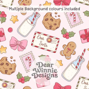 May include: A repeating pattern on a light pink background featuring Christmas-themed illustrations including gingerbread people, milk bottles with striped straws, chocolate chip cookies, gift boxes with bows, holly berries, stars, and letters to Santa.