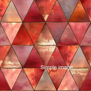 May include: A seamless pattern of red, pink, and gold triangles with a textured, painted look.