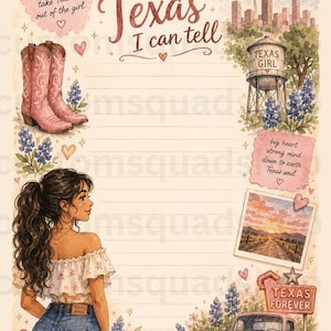 以下が含まれることがあります： 「She's from Texas I can tell」のテキストが入った水彩イラスト。女性、カウボーイブーツ、テキサス州旗、給水塔、ピンクのトラック、そして「Texas Forever」の文字が描かれています。