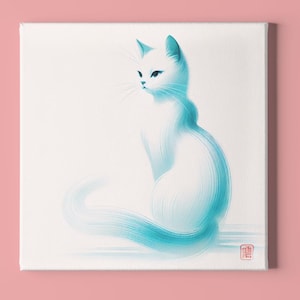 Cyan Cat Art Print: Minimalist Japanese Brush Style (Digital Download)
