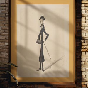 May include: A framed black and white caricature drawing of a man in a top hat and coat holding a cane and a book. The drawing is on a beige background with a shadow cast from the top of the frame.