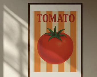 May include: A vintage-style poster with a red tomato on a background of orange and white stripes. The word "TOMATO" is printed in red letters at the top of the poster.