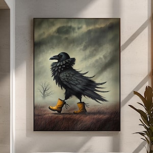 Surreal artful painting poster Surreal art digital print, bird art, gift birds lover, raven art, crow art, whimsical bird, black bird poster