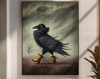 Surreal Raven Art Print: Whimsical Bird in Boots (Digital Download)