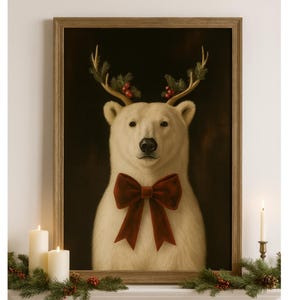 May include: A framed portrait of a polar bear with antlers, a red bow tie, and a dark background. The bear is decorated with greenery and red berries. The painting is displayed above a fireplace with candles and garland.