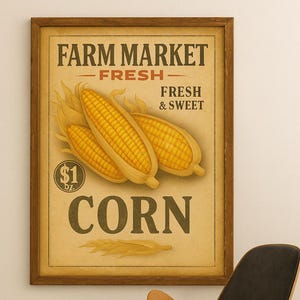 Vintage Corn Market Sign Print: Rustic Farmhouse Kitchen Decor (Digital Download A3 JPG)