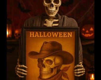 Halloween Cowboy Skeleton Print: Spooky Western Art (Digital Download