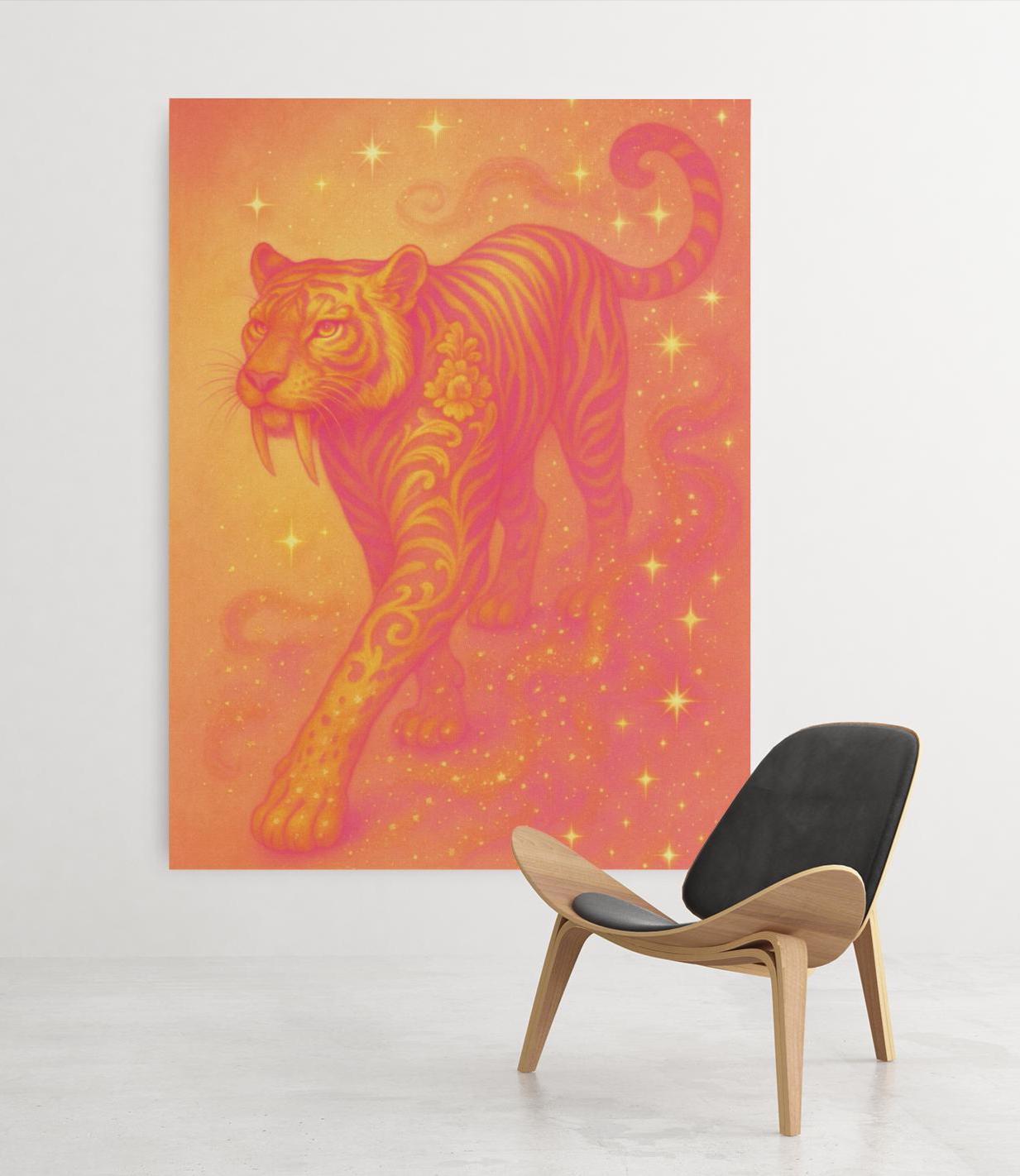 Pink & Gold Saber Tooth Tiger Print: Celestial Fantasy Art (Digital Download