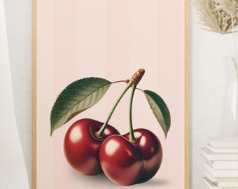 Vintage Cherry Botanical Print: Pink Striped Fruit Poster (Digital Download)
