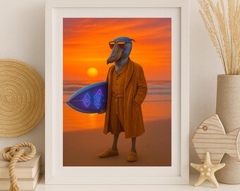 Könnte beinhalten: Gerahmter Kunstdruck mit einer vogelartigen Figur in einem senffarbenen Outfit, Sonnenbrille und einem Surfbrett mit geometrischem Design. Der Hintergrund zeigt eine Strandszene mit einem leuchtend orangefarbenen Sonnenuntergang.