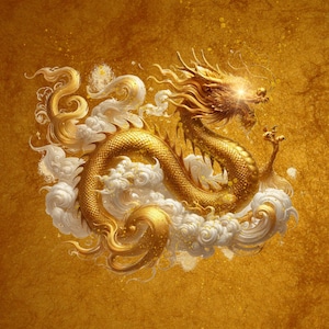 Stampa artistica di drago cinese dorato / Decorazione murale di drago celeste maestoso / Illustrazione di drago bianco e oro di lusso. stampa digitale,