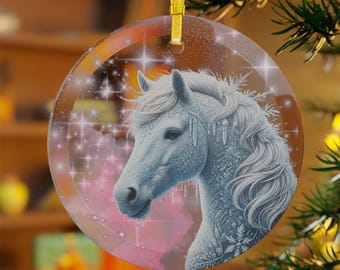 Pferdeornament aus mattiertem Glas, türkisfarbene Weihnachtsdekoration mit goldenem Band