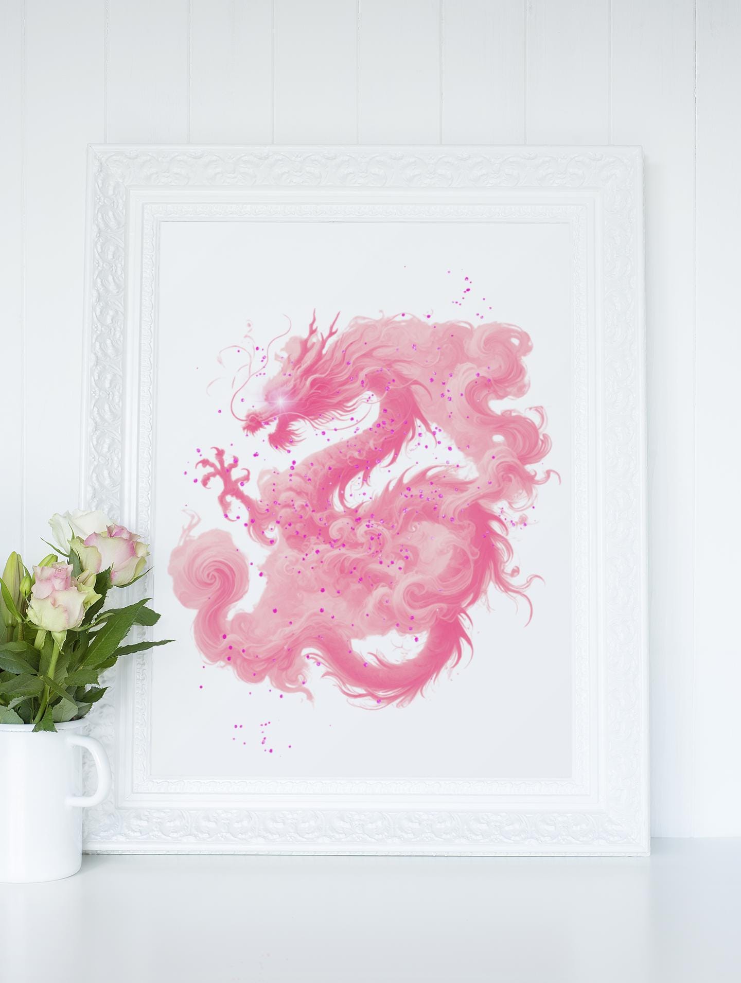 Pink Japanese Dragon Art Print: Ethereal Fantasy Wall Decor
