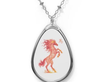 Fire Horse Necklace, Oval Pendant Jewelry with Lucky Charm Design