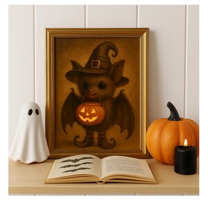 Puede incluir: Una obra de arte enmarcada con temática de Halloween representa un murciélago con un sombrero de bruja sosteniendo una linterna de calabaza. Una figura de fantasma blanco, una calabaza naranja, una vela negra y un libro abierto con ilustraciones de murciélagos completan la escena.