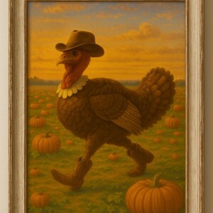 May include: A framed painting of a turkey in a cowboy hat and boots, strolling through a pumpkin field. The turkey is brown with a red wattle and yellow collar. The background shows a sunset sky with pumpkins in the field.
