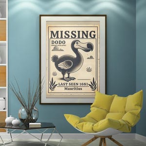 Wunderschön gestaltetes Wohndekor des ikonischen Dodos im Vintage-Stil. Perfektes Geschenk für Vogelliebhaber, Wandkunstliebhaber, Druck wallart
